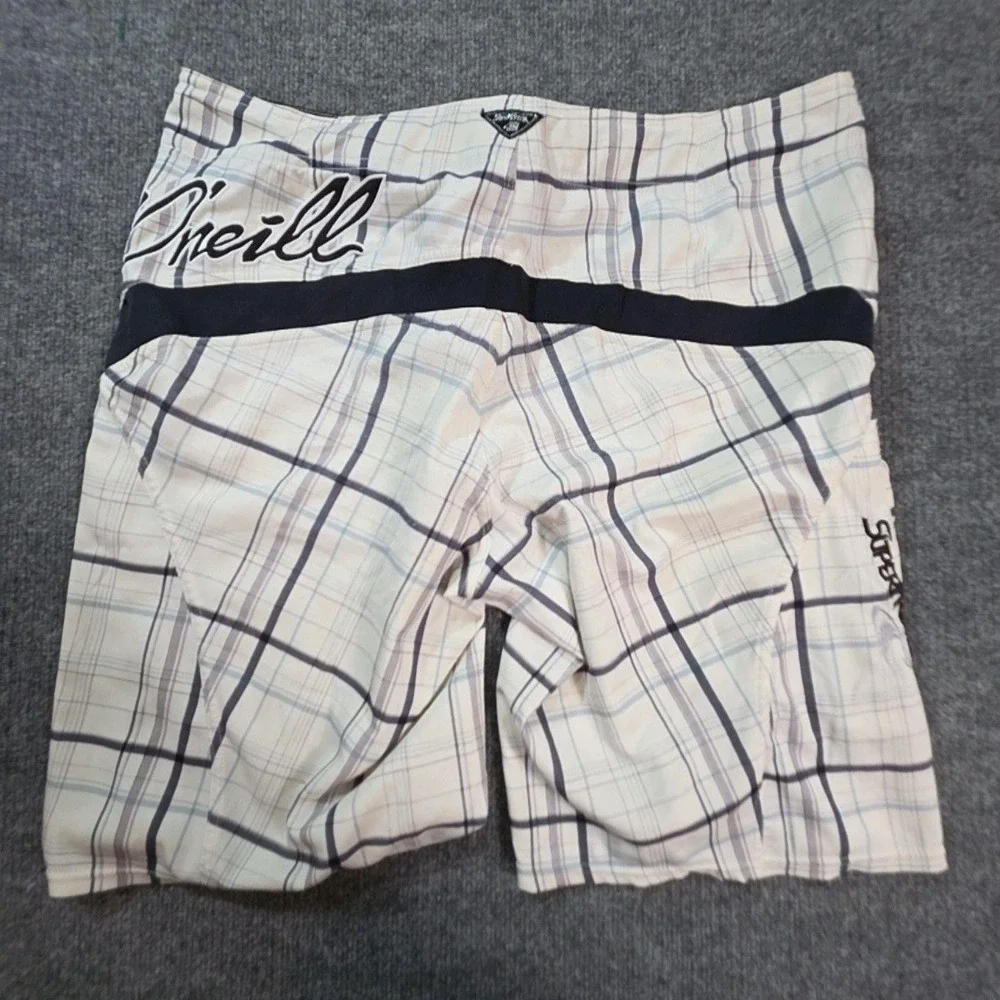 O'Neill Board Shorts Mens 36 Beige Plaid Surf Swim Drawstring Pocket Logo